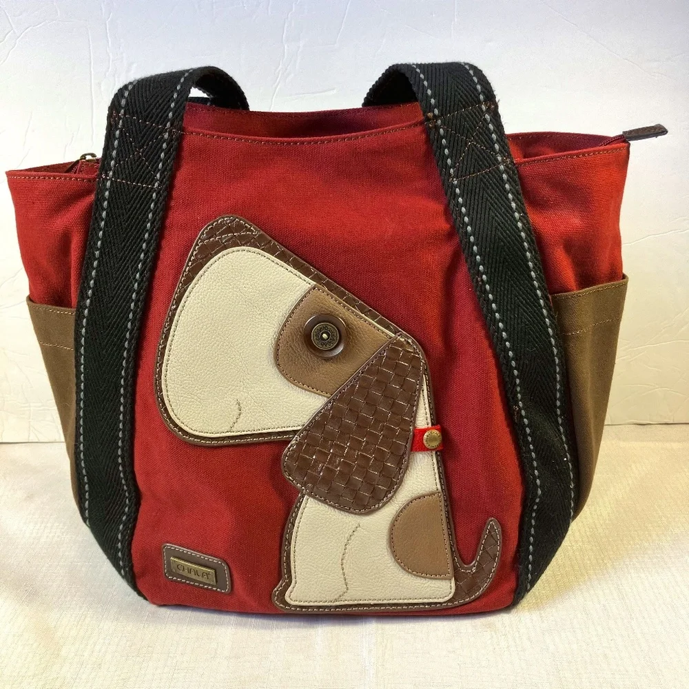 Chala Toffy Dog Large Tote Canvas/Vegan Leather, Burgundy With Black Handles EUC - Picture 1 of 13